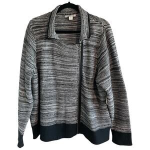 Coldwater Creek Black White Marled Cardigan Asymmetrical Zip Sweater 2X